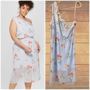 Who What Wear blue one shoulder floral print dress